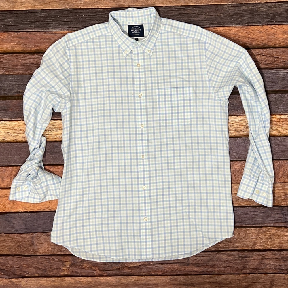 Charles Tyrwhitt Men's Blue and White Checkered Dress Preppy Shirt